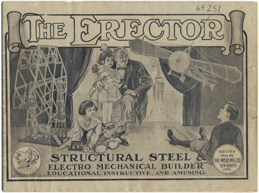 A drawing of a man with a child on his lap, with two children playing in the foreground. Models of an airplane and ferris wheel are also in the room. "The Erector" is written across the top.