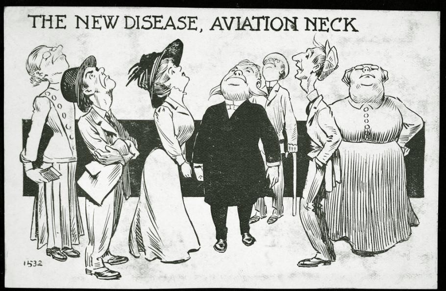 Seven people crane their necks toward the sky, their heads presumably looking up at a passing airplane.