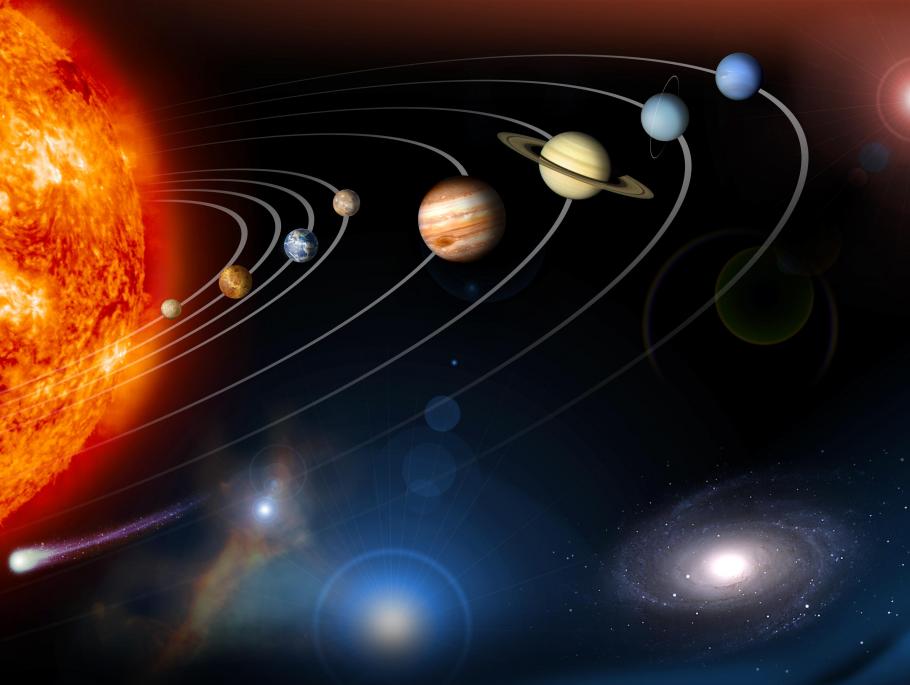 An illustration depicting the Sun on the lefthand side followed by each planet in order across the image horizontally.