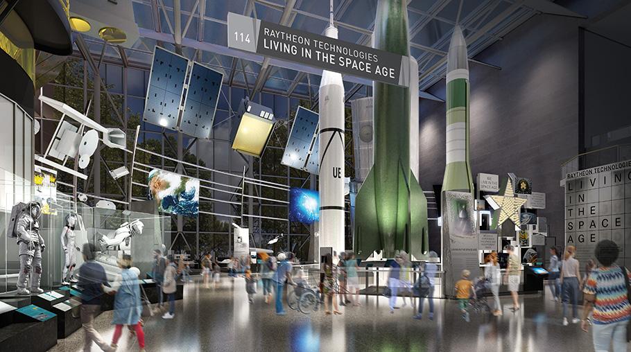 An artistic rendering of the forthcoming RTX Living in the Space Age gallery depicts visitors looking at displays of space suits and a missile pit displaying the earlies rockets of the space age.