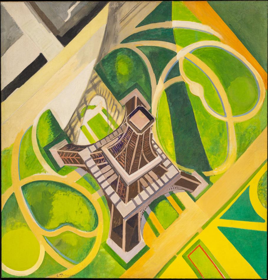 A colorful painting of the Eiffel Tower as seen from above.