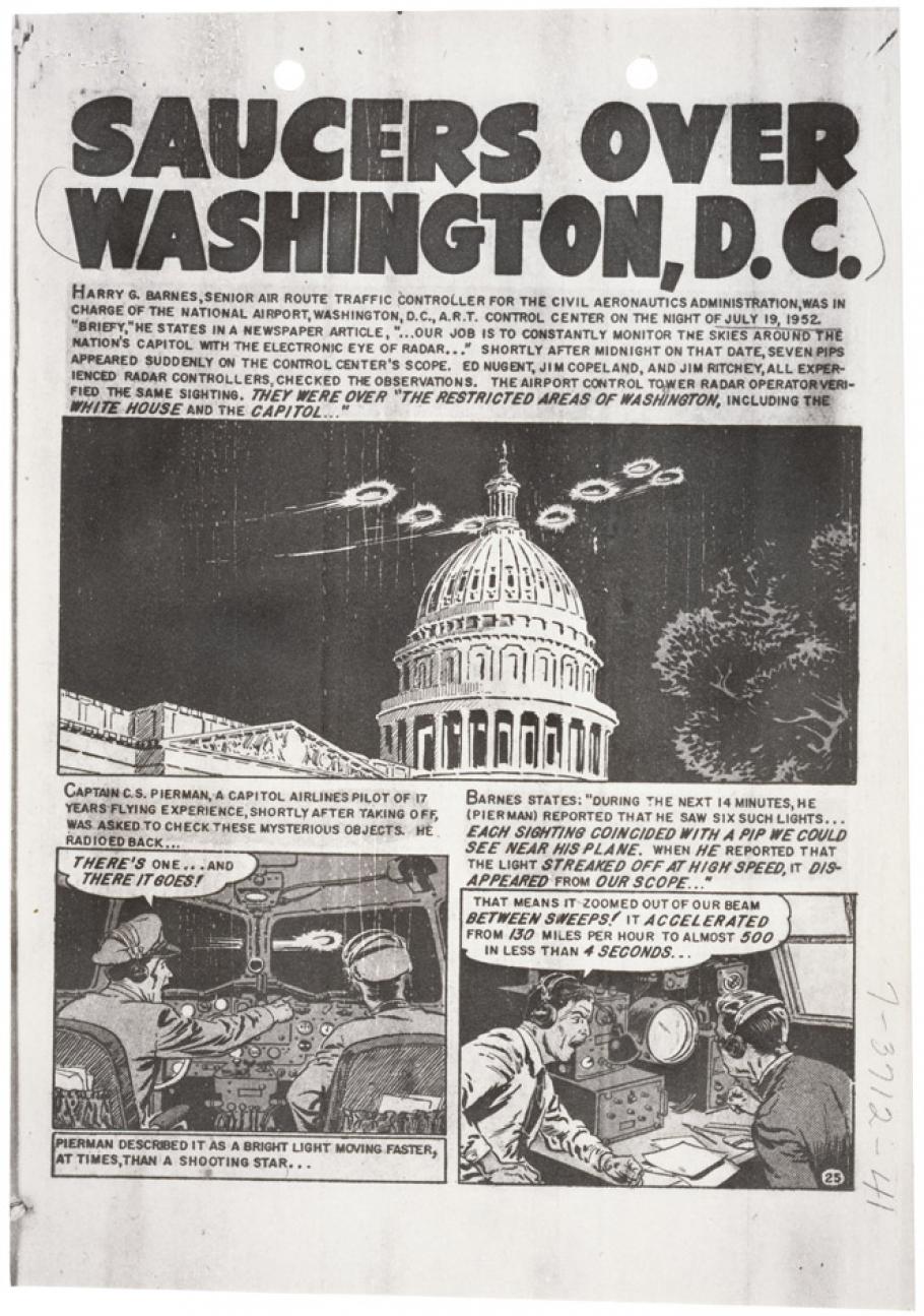 Black and white comic strip depicting UFOs flying over the White House.