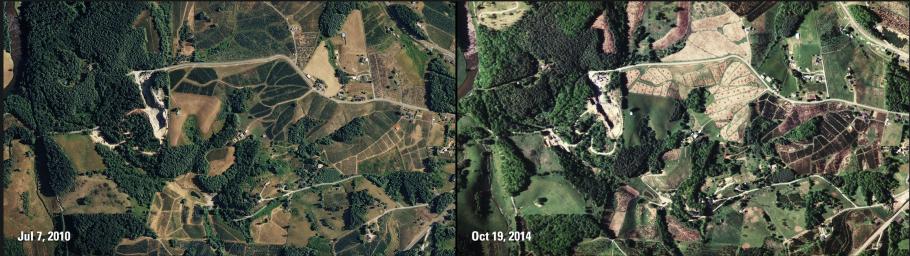 Side by side overhead photos. On the right there is a beige polygon of fields that was green on the photo on the left. 