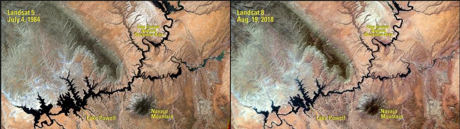 Two photos showing overhead satellite images of Lake Powell. The left image shows it stretching out further with wider tributaries than the photo on the left. 