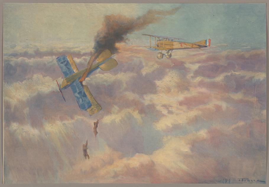 A painting depicting one biplane with German markings on fire, losing altitude, with two ejected figures falling. A biplane with red, white, and blue fin flash flies past.
