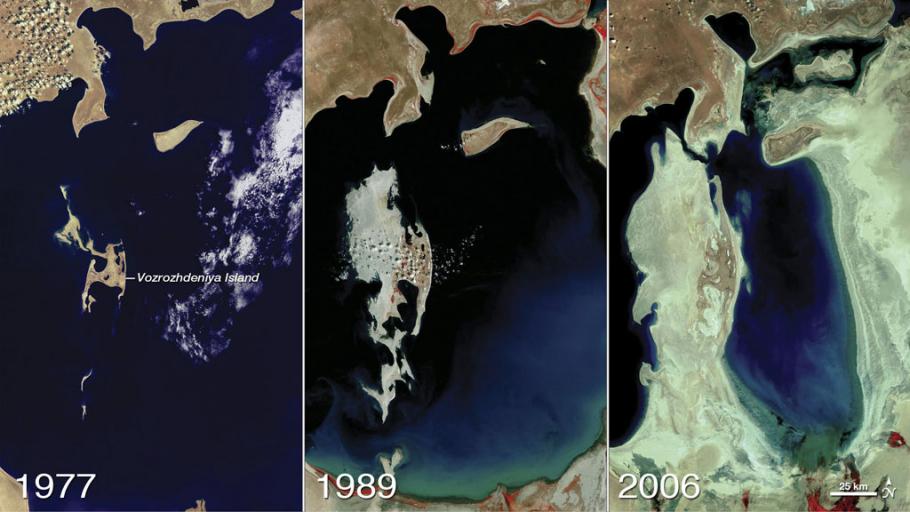 Three satellites images of the Aral Sea in a row. From left to right, they are dated 1977, 1989, and 2006. As the dates get more recent, the sea shrinks.