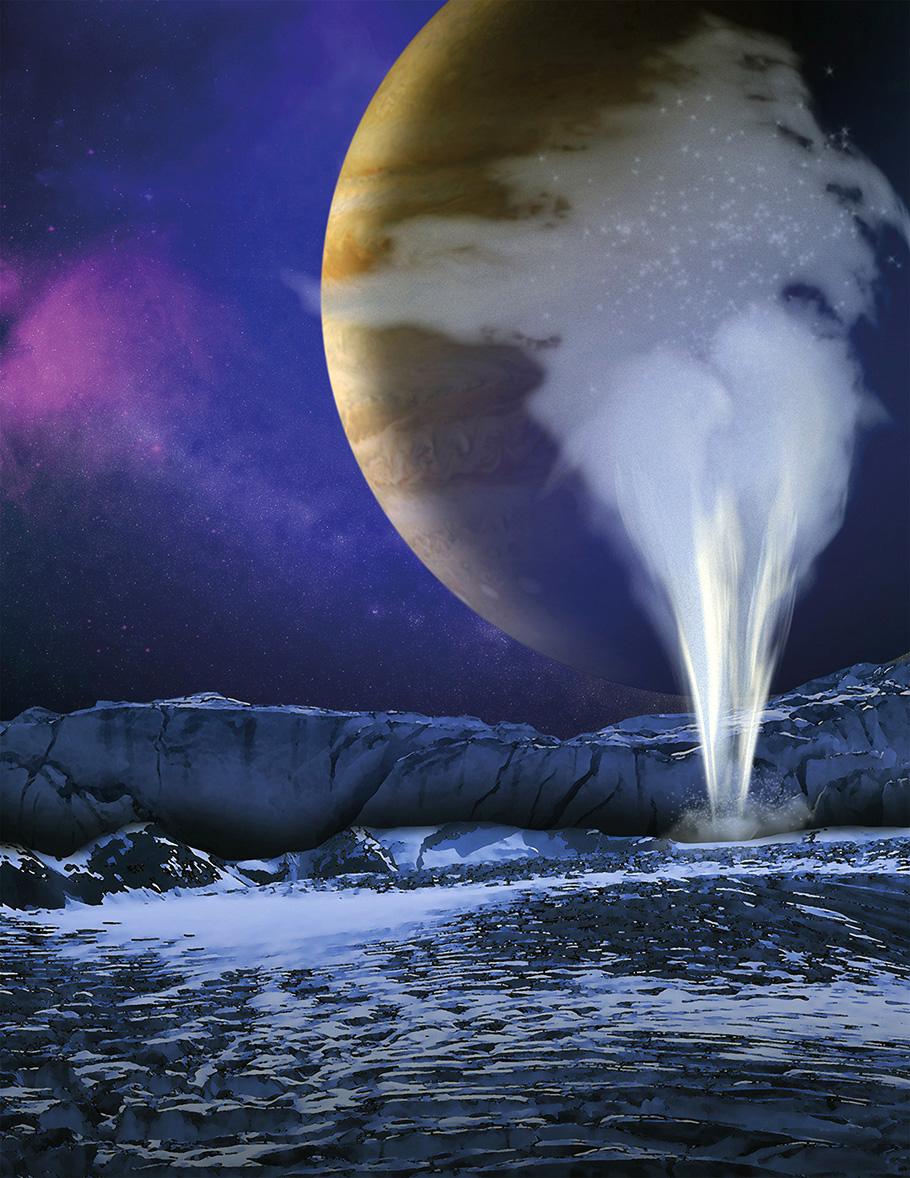 This is an artist's concept of a plume of water vapor thought to be ejected off the frigid, icy surface of the Jovian moon Europa, located about 500 million miles (800 million kilometers) from the sun. 