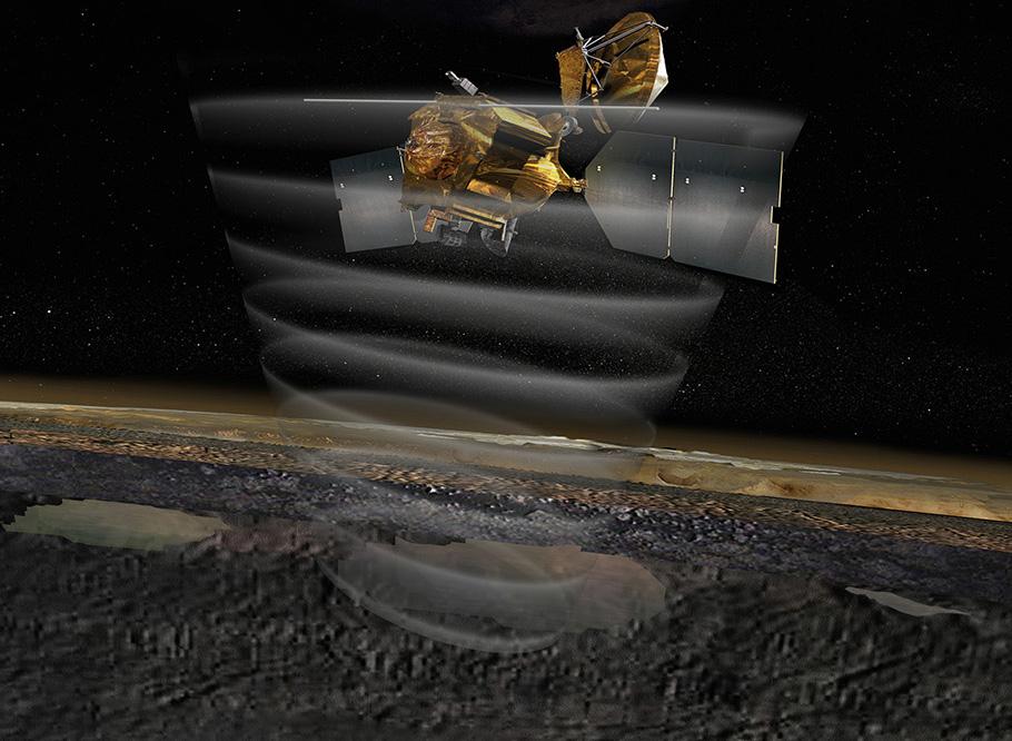 This artist's concept of the Mars Reconnaissance Orbiter "beaming" down under the surface of Mars. 