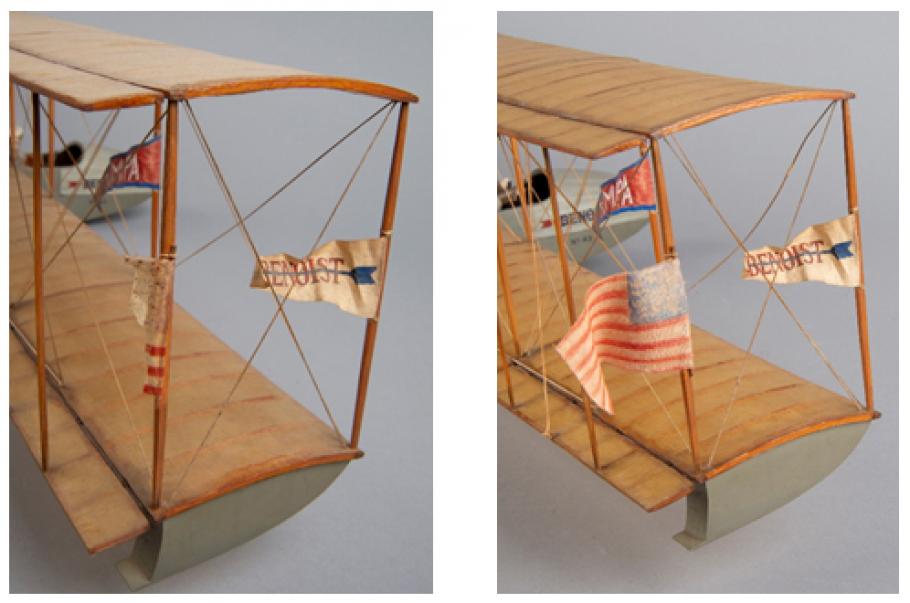 Two side by side pictures of a plane model. The picture on the left has a torn American flag, the picture on the right has a full flag. 