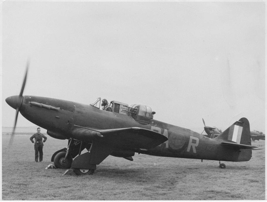 A Boulton Paul Defiant night fighter pilot warms up the engine.