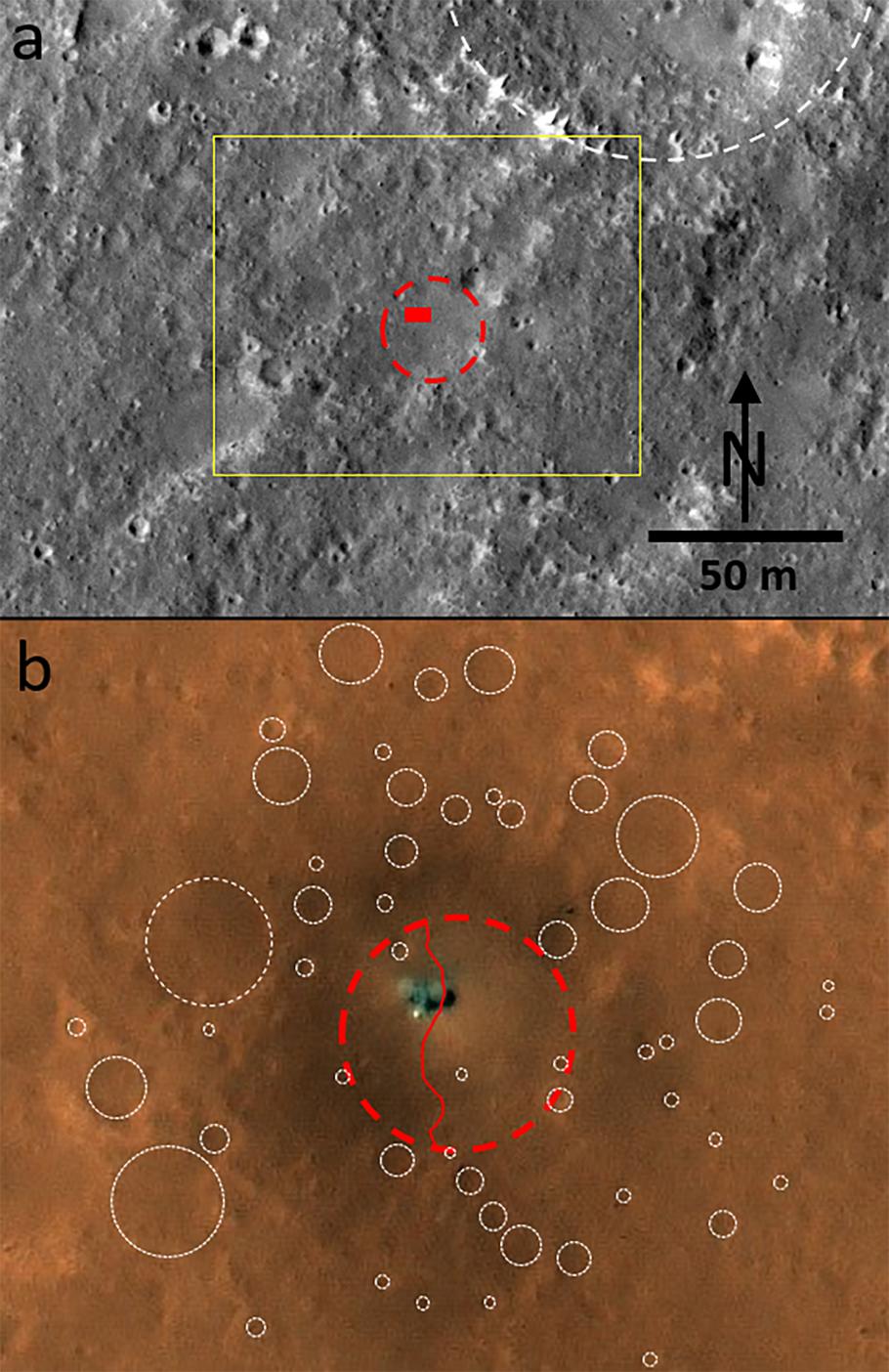 Two images stacked on top of each other. The top image is a grey topographical picture showing a red circle on a smooth patch in the center. The bottom picture is a red image with a circle around what appears to be a rover landed on Mars. 