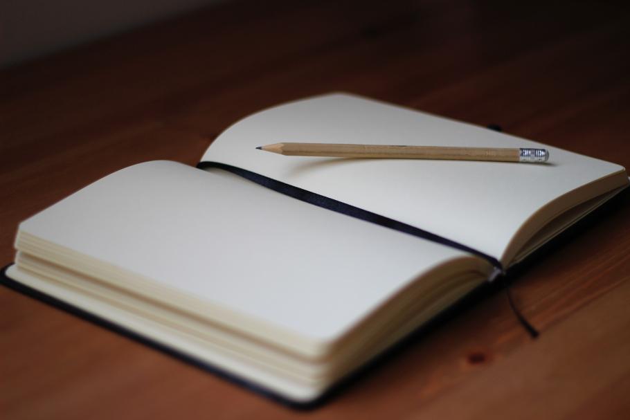 A blank open journal with a pencil on top. 