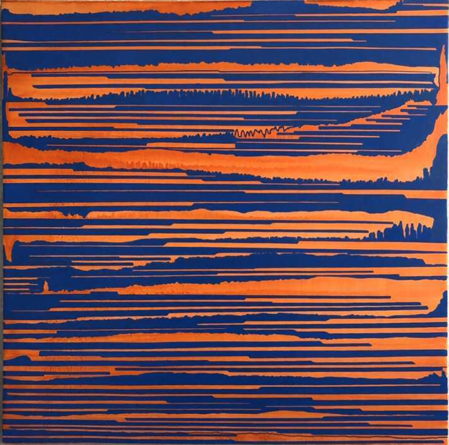 A painting with orange and blue horizontal brush strokes