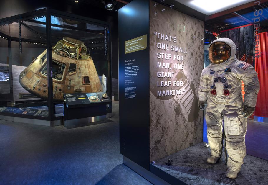 A view of the Destination Moon gallery. Neil Armstrong's spacesuit and the command module Columbia are both visable.