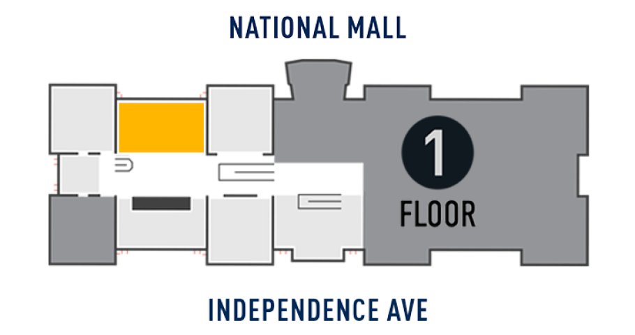 Map of the first floor of the National Air and Space Museum's Washington, D.C., building, highlighting in yellow the America by Air gallery on the north side of the building, two rooms west of center