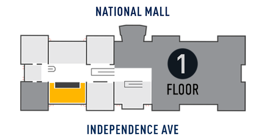 Map of the first floor of the National Air and Space Museum's Washington, D.C., building, highlighting in yellow Gallery 106 on the south side of the building, two rooms west of center