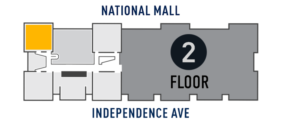 Map of the second floor of the National Air and Space Museum's Washington, D.C., building, highlighting in yellow a gallery on the north side of the building, three galleries west of center.