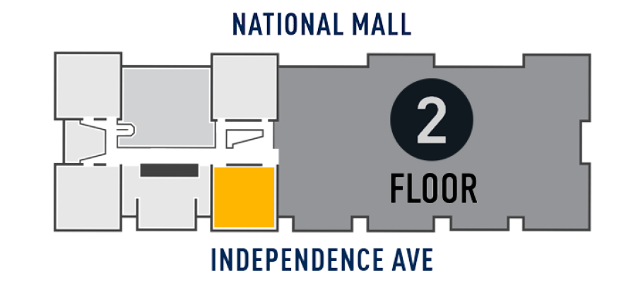 Map of the second floor of the National Air and Space Museum's Washington, D.C., building, highlighting in yellow Gallery 207 on the south side of the building, one room west of center.