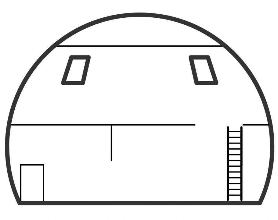A line outline of a circular living space. There are two floors connected by a ladder.