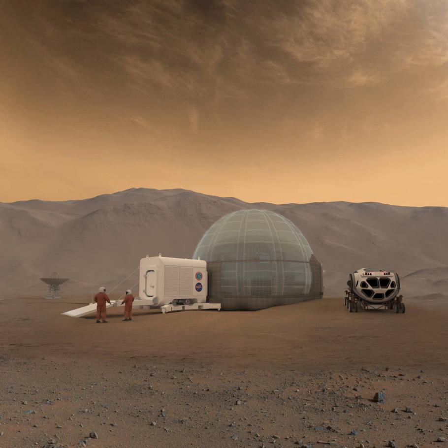 An artist's rendering of the Mars Ice Home concept. A rocky dusty landscape below a rust colored sky has a dome shaped shelter outside. Two humanoid figures are outside in orange suits, as is a car-like vehicle. 