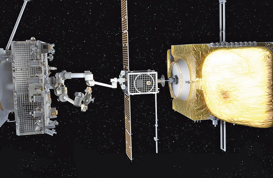 An illustration depicts a large satellite clutching equipment as it approaches a smaller satellite. SpaceLogistics, a Northrop Grumman company, offers an alternative to orbital refueling—the Mission Extension Pod, which could provide an additional six years of life for a typical 4,409-pound satellite in geostationary orbit.
