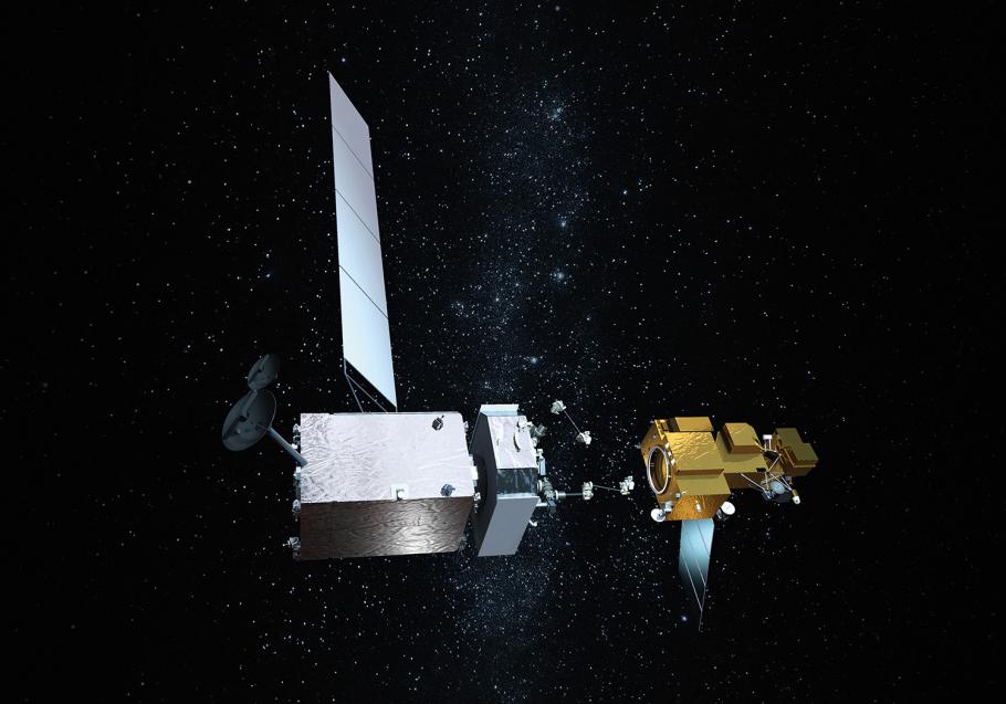 An illustration depicts NASA’s OSAM-1 spacecraft—a large satellite with outstretched mechanical arms—approaching the smaller Landsat-7 satellite. The mission, planned for 2025, will assess whether OSAM-1 can grab the fast-moving satellite with a robot arm and refuel it. 