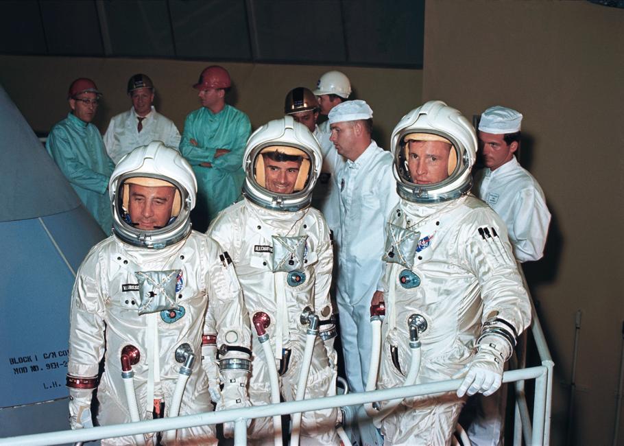 The Apollo 1 astronauts Virgil Grissom, Roger Chaffee, and Edward White visited North American’s plant in Downey, California, in August 1966 to see how the command module was progressing.