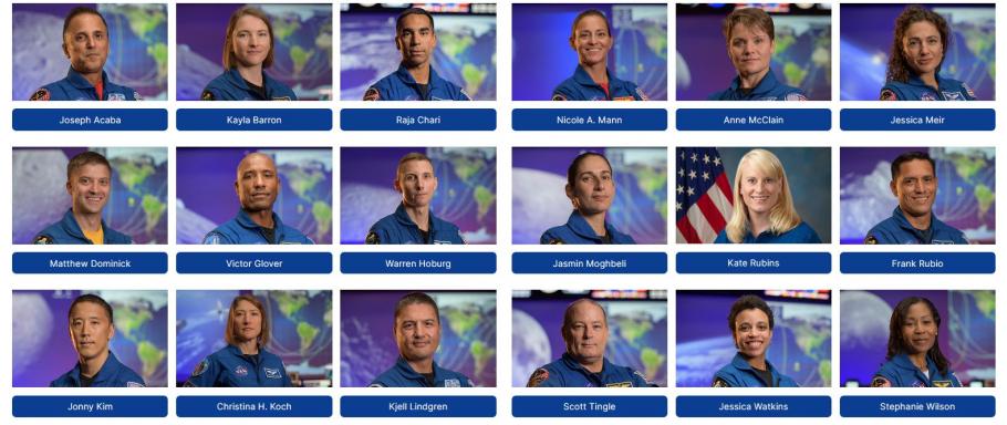 A grid layout showing 18 astronauts accompanied by their name. Every astronaut, but one, stands in front of a blurred image of the Earth and Moon, and stares at the camera. 