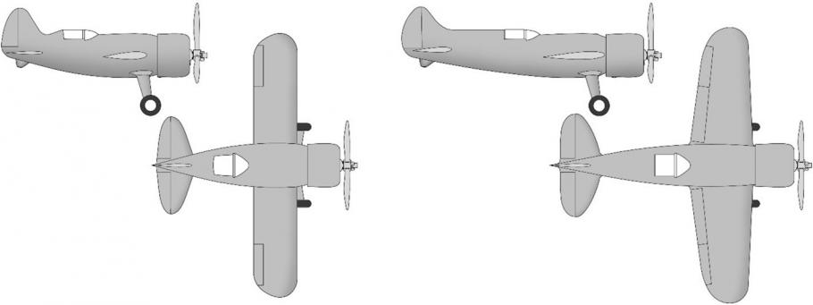 Side by side sketches of a side and top view of an aircraft.