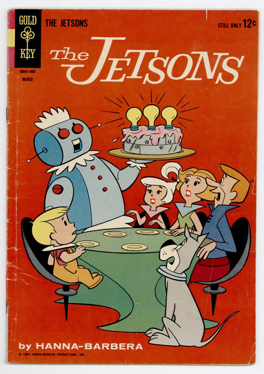 A red comic book cover showing a family gathered round a table, with a robot bringing a metallic cake to the family. 