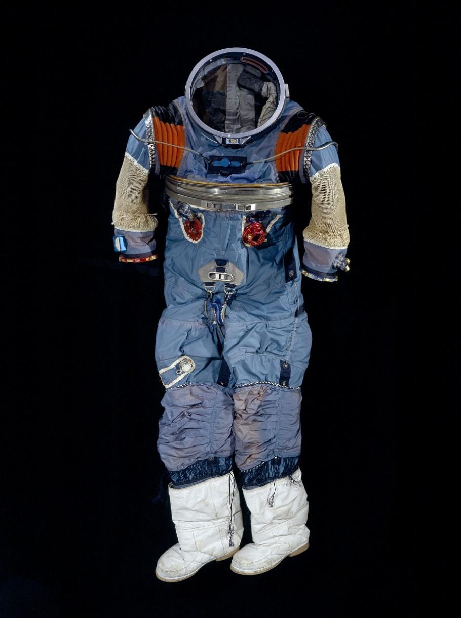 A heavily modified A7-L pressure suit originally made for and worn by astronaut Walter Cunningham for Apollo 7. (Smithsonian Institution)