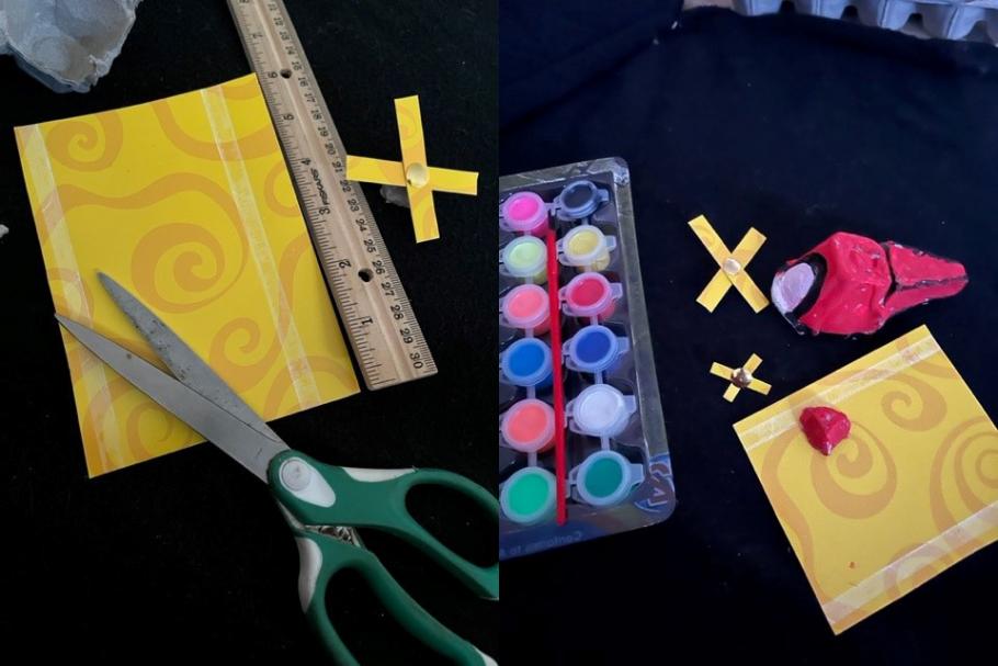 A composite of two images. The left image shows a propeller made out of two strips of paper and a brad, with a piece of cardstock, scissors, and a ruler. The right hand picture shows two small propellers made of card stock, next to an egg-carton helicopter.
