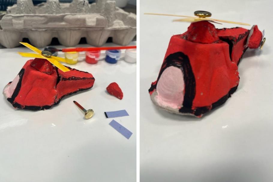 A composite of two images. The left image shows a model helicopter made out of an egg carton painted red, in the background is an egg carton and paint. On the right is a model helicopter made out of an egg carton. 