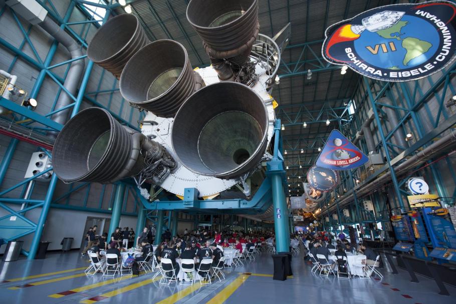 An array of five F-1 engines are photographed from a lower angle.