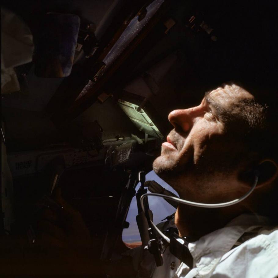 Walter Cunningham, Apollo 7 lunar module pilot, during the Apollo 7 mission. (Image courtesy of NASA)