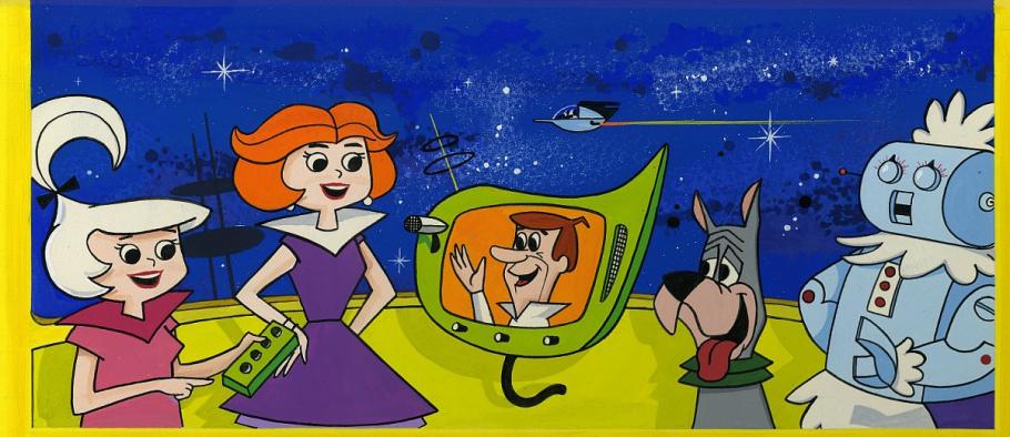 A drawing showing a futuristic family on a video call on floating TV screen.