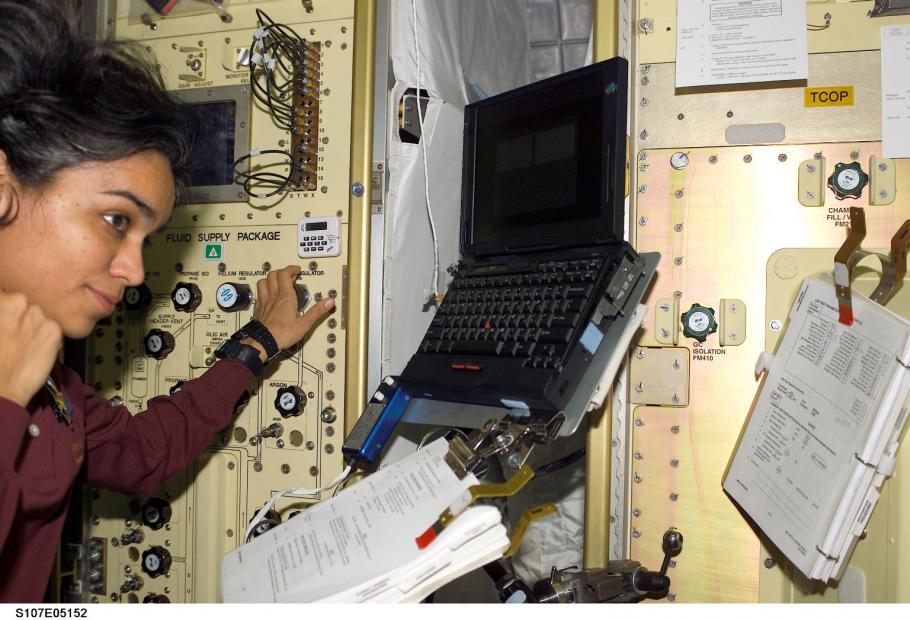 Mission specialist Kalpana Chawla on board Space Shuttle Columbia during STS-107.