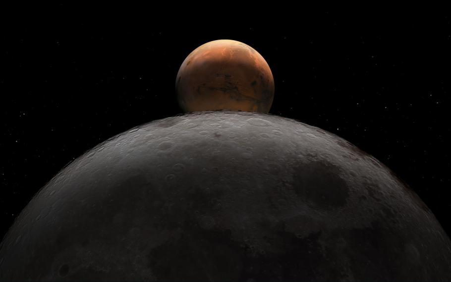 Half sphere of Moon with Mars beyond it