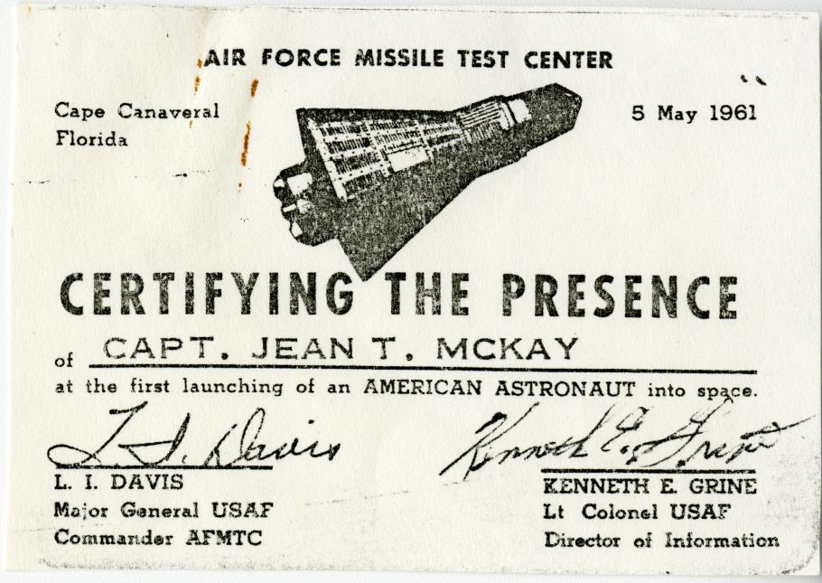 Card with an image of a Mercury capsule stating that it is certifying the present of Capt. Jean T. McKay, with signatures at the bottom.