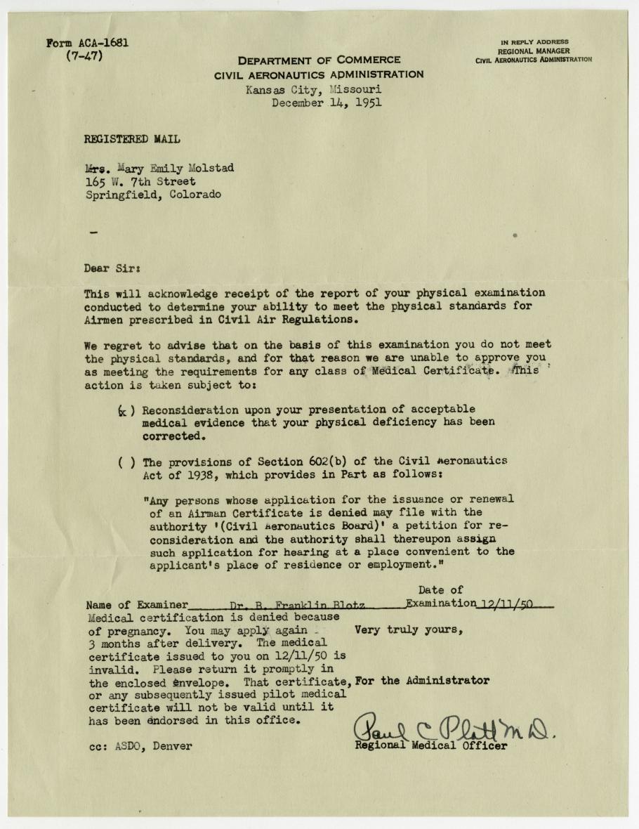 Text of letter on Department of Commerce Civil Aviation Administration letterhead