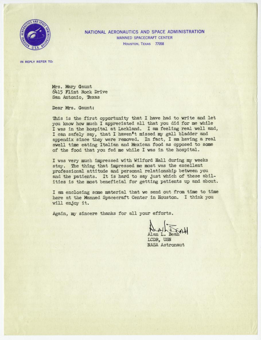 Letter signed by Alan Bean on NASA letterhead