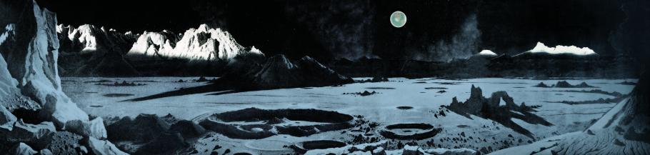 A 10- by 40-foot mural of the moon painted by space artist Chesley Bonestell in 1957—for display at the Charles Hayden Planetarium at the Museum of Science in Boston. Now on display in the Destination Moon gallery at the National Air and Space Museum, the mural is a stark mix of light and shadow, mostly black and white colors with a bluish cast. Depicted are small and large craters rimmed by jagged mountains.