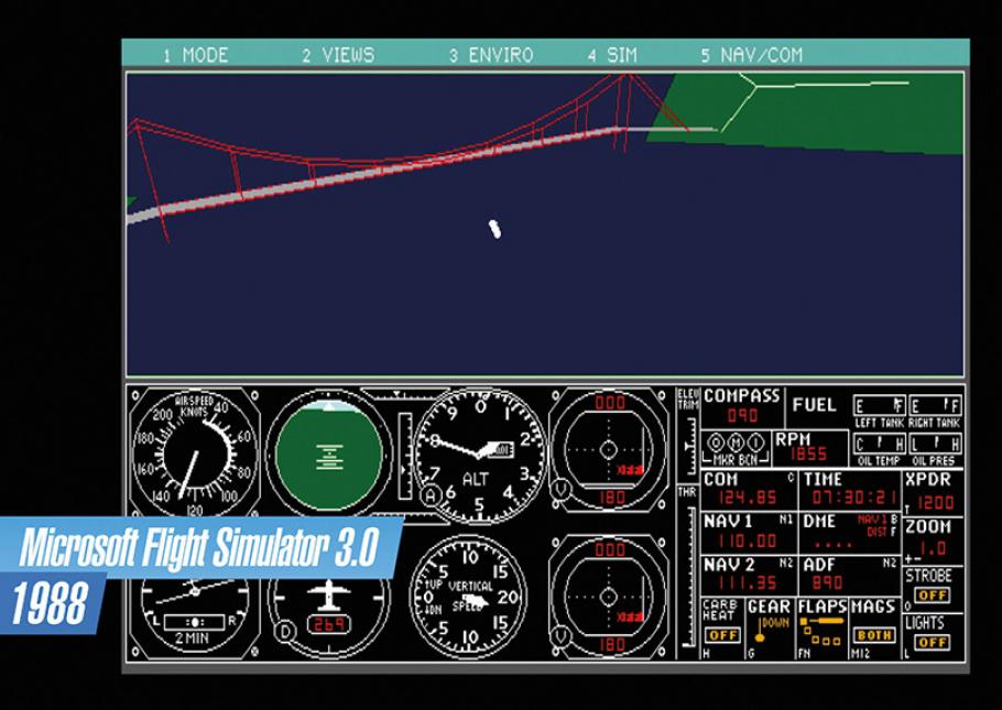 Microsoft Flight Simulator 3.0. This 1988 version rendered in simple lines and geometric shapes.
