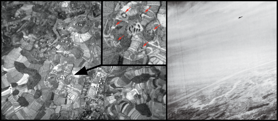 Aerial black and white images from the Vietnam war. On the left, a North Vietnamese surface-to-air missile (SAM) site with arrows in the closeup point to six launchers. Right: U.S. pilots likened the 35-foot-long SAM missiles to flying telephone poles. 