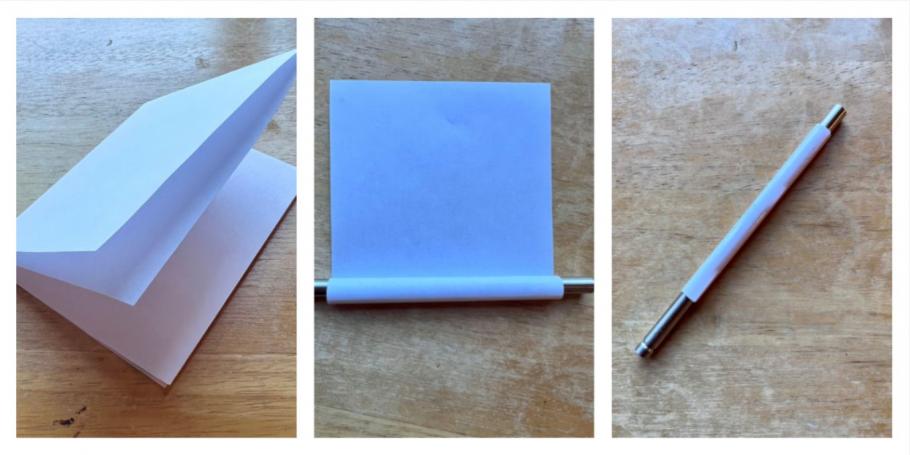 A composite of three images. The furthest left shows a folded piece of paper, the middle shows paper partially rolled around a small cylindrical rod, the final shows the paper completely rolled around a small cylindrical rod.