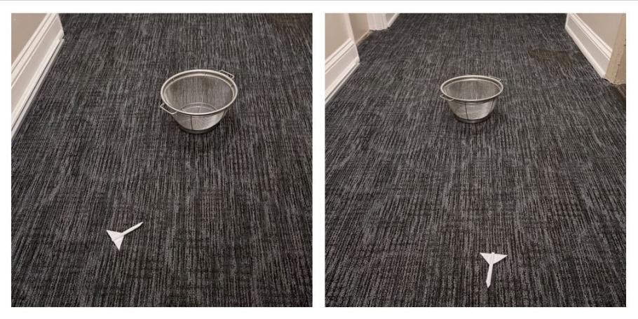 Two images showing a paper rocket at various distances from a colander on the floor.