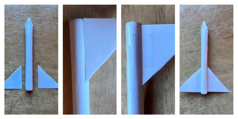 A composite image of four pictures. The far right shows a paper rocket with two fins detached. The second and third picture close ups of attaching the fin. The fourth is the completed paper rocket.