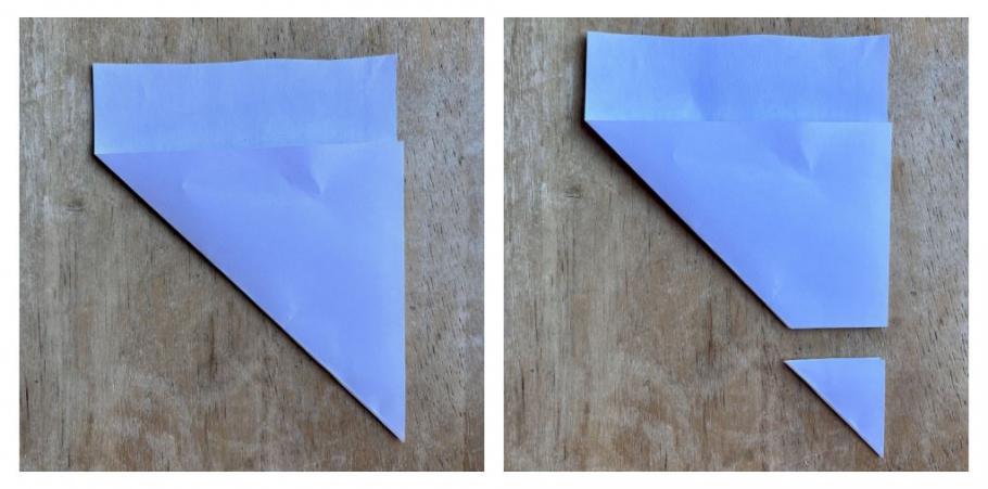 A composite image. On the left is paper folded into a triangle. On the right is paper folded into a triangle with the tip snipped off.