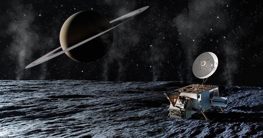 An artist rendering of the Orbilander spacecraft, a rectangular spacecraft with a round circular disk, landing on Enceladus' textured surface. Saturn is visible in the background.