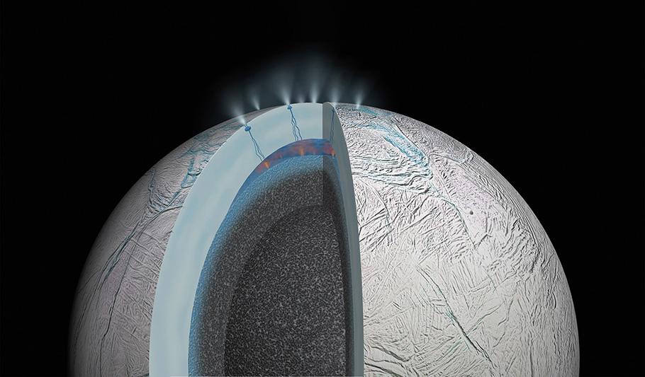This is an artist’s rendering of a cutaway view of Saturn's moon Enceladus. It depicts possible hydrothermal activity that may be taking place on and under the seafloor of the moon's subsurface ocean.